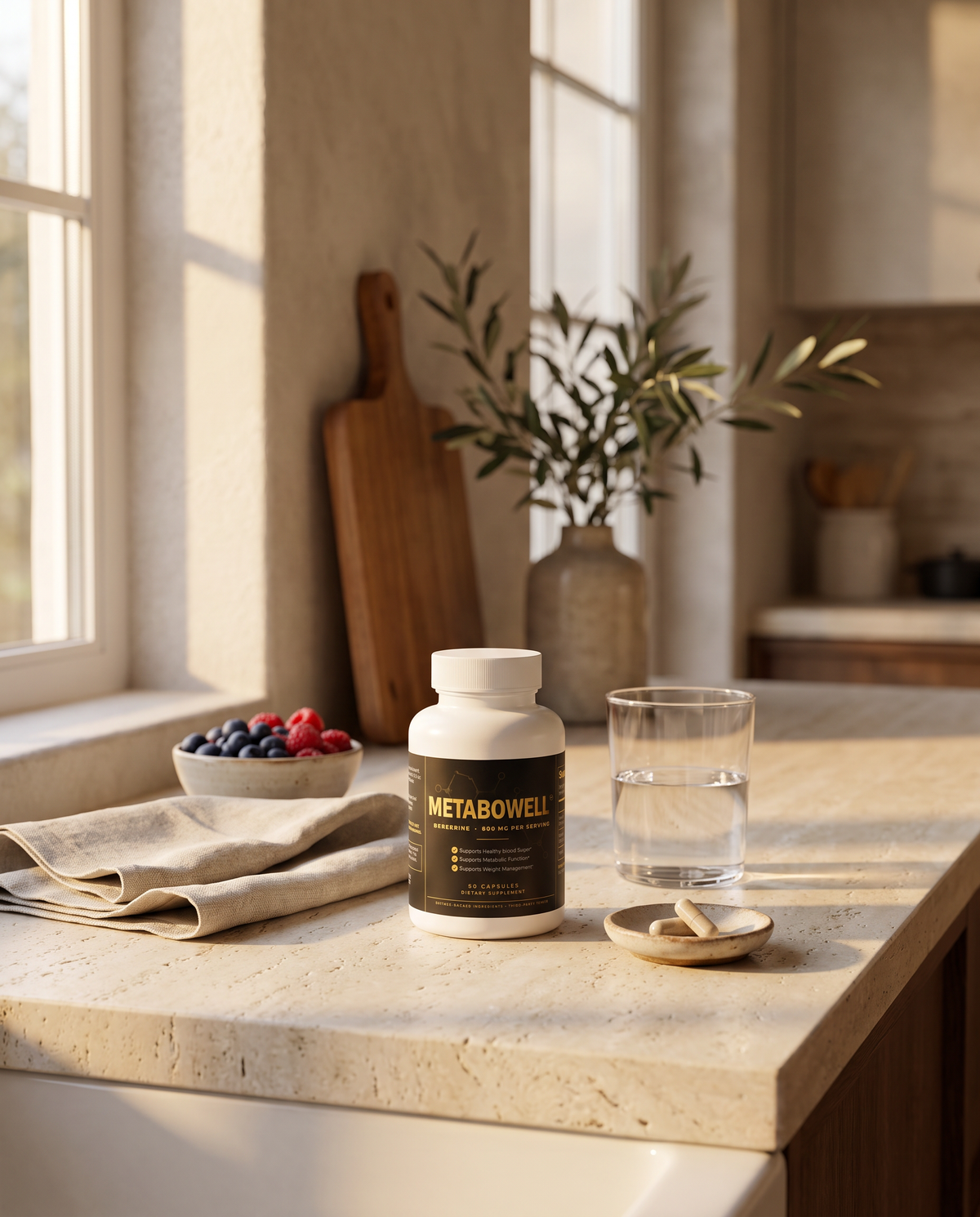 MetaboWell Berberine Capsules on a sunlit kitchen counter with a glass of water