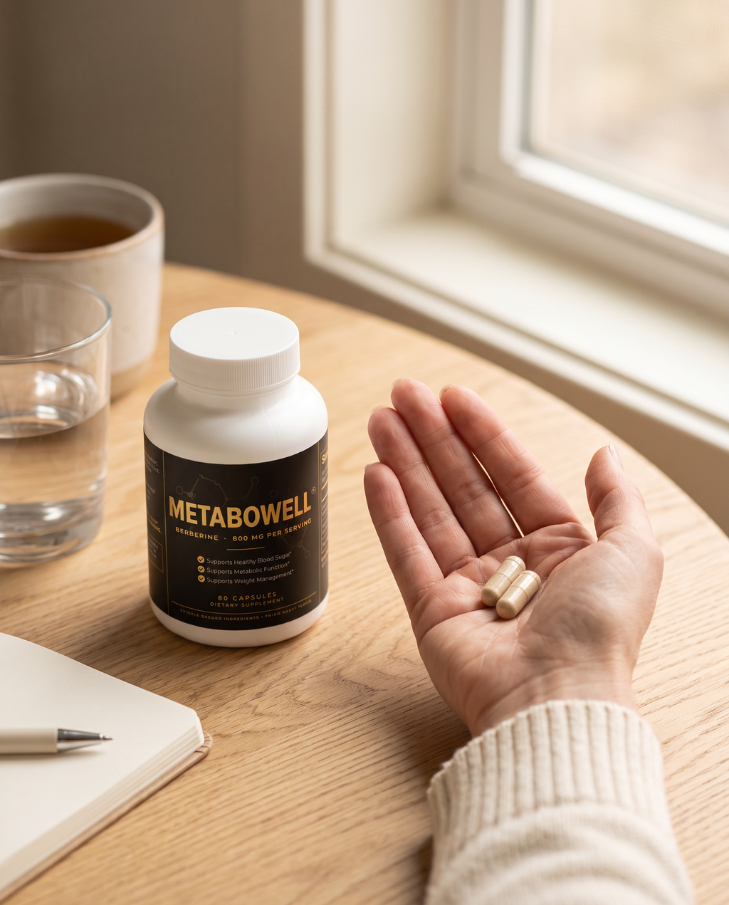 Hand holding two MetaboWell capsules beside the bottle